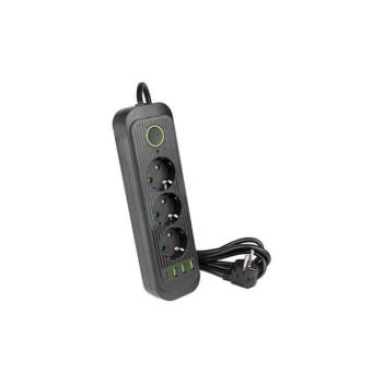 3-as elosztó , dugaljzat , hosszabbító , kapcsolós ,  2m-es kábellel , 3 x USB , 1 x USB-C , fekete , Modi kép
