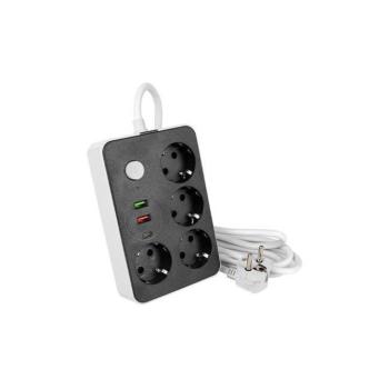4-es elosztó , dugaljzat , hosszabbító , kapcsolós ,  2m-es kábellel , 2 x USB , 1 x USB C , fekete , fehér , Remo kép
