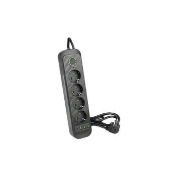 4-es elosztó , dugaljzat , hosszabbító , kapcsolós ,  2m-es kábellel , 3 x USB , 1 x USB-C , fekete , Modi kép