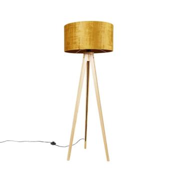 Állólámpa fa lábbal, arany színű szövet árnyékolóval 50 cm - Tripod Classic kép