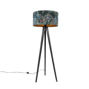 Állólámpa háromlábú fekete, páva mintás árnyékolóval 50 cm - Tripod Classic kép