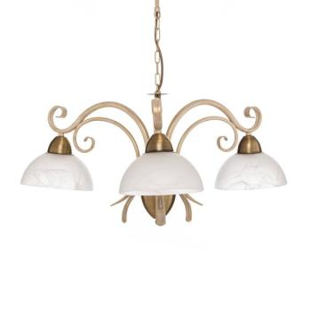 Csillár Flora, három üvegburával, fehér/sárgaréz kép