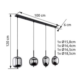 Függőlámpa Blacky, fekete/füstszürke, hossza 110 cm, 4 lámpás. kép