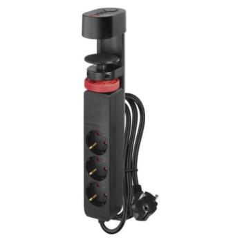 Hosszabbító kábel 1,5 m/3 aljzat/kapcsoló/asztalra szerelhető/USB/fekete/PVC/1,5 mm2  kép