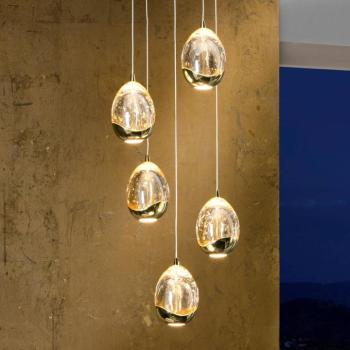 LED függőlámpa Rocio, 5 lámpás, kerek, fém, üveg, arany kép