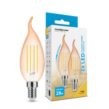 LED lámpa , égő , 2 db , izzószálas hatás , filament  , gyertya , E14 foglalat , C35 , 4 Watt , dimmelhető , meleg fehér , 1800K , borostyán sárga , Modee kép