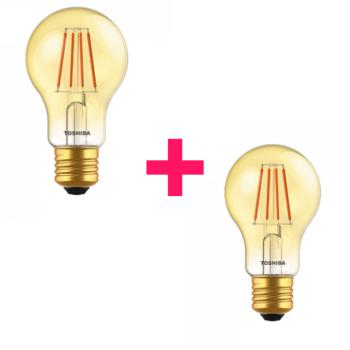 LED lámpa , égő , izzószálás hatás , filament , E27 foglalat , 4.5 Watt , meleg fehér , borostyán sárga , páros ajánlat , 5 év garancia 2 db-os csomagban , TOSHIBA kép