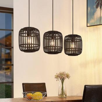 Lindby függőlámpa Canyana, fekete, 3-lámpás, rattan, 105 cm kép