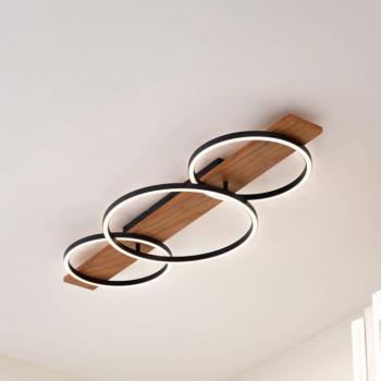 Lindby LED mennyezeti lámpa Galad, fekete, fa, 3 lámpás, 98 cm kép
