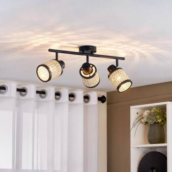Lindby Spot Yaelle, 52 cm, 3-lámpás, rattan, fekete, E27 kép
