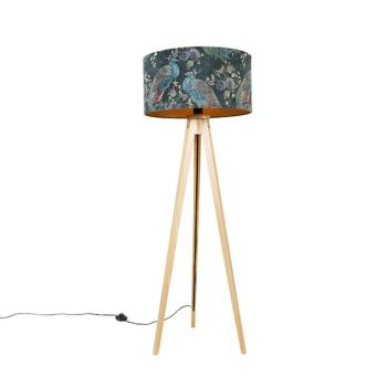 Modern állólámpa fa, szövet árnyékoló fekete páva mintával 50 cm - Tripod Classic kép