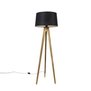 Rusztikus állólámpa háromlábú vintage fa lámpaernyővel lenvászon fekete 45 cm - Tripod Classic kép