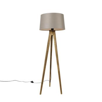 Rusztikus állólámpa háromlábú vintage fa, lenvászon búra bézs 45 cm - Tripod Classic kép