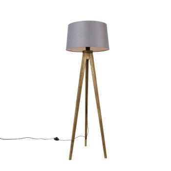 Rusztikus állólámpa vintage fa talppal és lenvászon búrával sötétszürke 45 cm - Tripod Classic kép