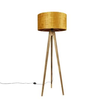Rusztikus állványos vintage fa lámpa arany árnyékolóval 50 cm - Tripod Classic kép