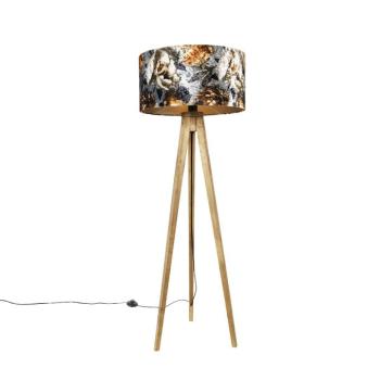 Vintage állólámpa fa árnyékolóval virágmintás 50 cm - Tripod Classic kép