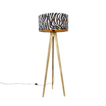 Vintage állólámpa fa árnyékolóval zebra mintával 50 cm - Tripod Classic kép