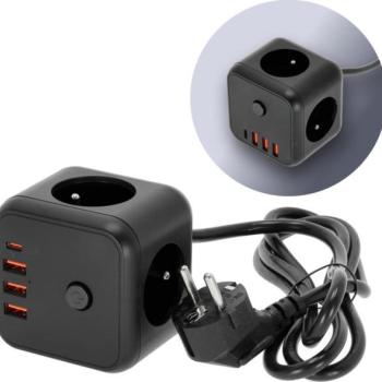  Hosszabító kábel kocka kapcsolóval LINEA 3x230V + 4xUSB A/C fekete  kép