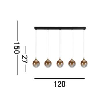 LED-es függőlámpa Alchemy, 5 lámpás, fekete, borostyán, üveg kép