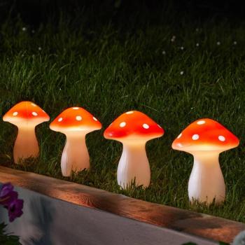 LED-es napelemes földbe szúrható lámpa Fairy Mushroom, 4 darabos szett, kép