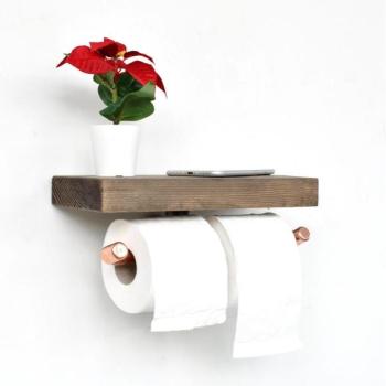  Vécépapír tartó polccal BORU 12x30 cm fenyő/réz  kép
