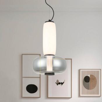 LED lógó lámpa Avery, füstszürke/fehér, Ø 32 cm, üveg kép