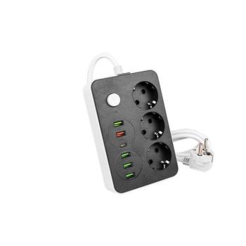 3-as elosztó , dugaljzat , hosszabbító , kapcsolós , 2m-es kábellel , 5 x USB , 1 x USB C , fekete , fehér , Remo kép