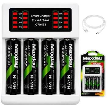 Akkutöltő 4 töltőhellyel, AA, AAA, 4 db AA akkuval, USB-C kábellel - újratölthető elemekhez kép