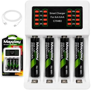 Akkutöltő 4 töltőhellyel, AA, AAA, 4 db AAA akkuval, USB-C kábellel - újratölthető elemekhez kép