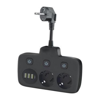 KOBI LINEA PRO FL hosszabbító kábel 2 aljzat+3 USB/1 USB-C/0,2m fekete KOBI-001921 kép