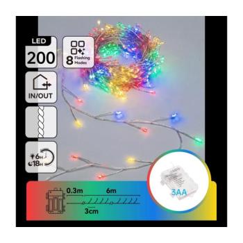 B.V. - kültéri LED karácsonyi fényfüzér 200xLED/8 üzemmód 3xAA 6,3m IP44 többszínű B103033WP kép