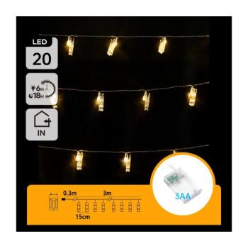 B.V. - LED dekorációs fényfüzér csipeszekkel 20xLED/3xAA 3,3m meleg fehér B10303Q78 kép