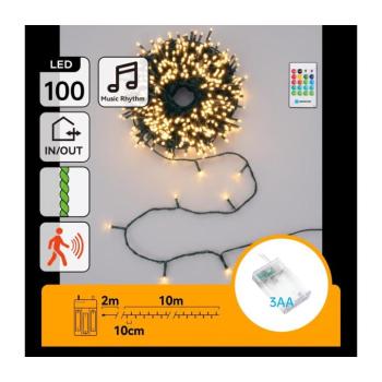 B.V. - LED dimmelhető kültéri fényfüzér érzékelővel 100xLED/3xAA 12m meleg fehér + távirányító B10303AADX kép