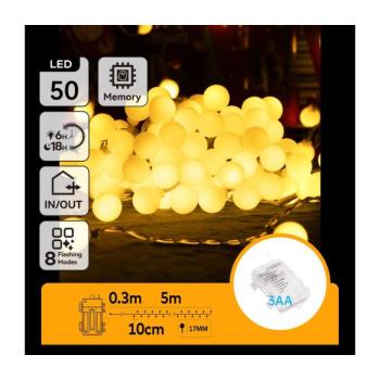 B.V. - LED Karácsonyi kültéri lánc 50xLED/3xAA/8 funkció 5,3 m IP44 meleg fehér B10303K4G kép