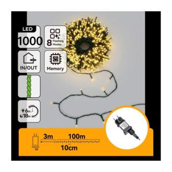 B.V. - LED kültéri karácsonyi fényfüzér 1000 LED / 8 funkció / 103 m / IP44 / meleg fehér B10303AFRE kép