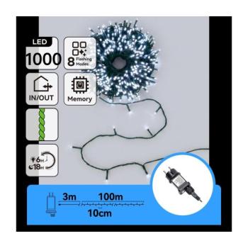 B.V. - LED kültéri karácsonyi fényfüzér 1000xLED/8 funkció 103m IP44 hideg fehér B10303AFRG kép