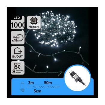 B.V. - LED kültéri karácsonyi fényfüzér 1000xLED/8 üzemmód 53m IP44 hideg fehér B103031OU kép