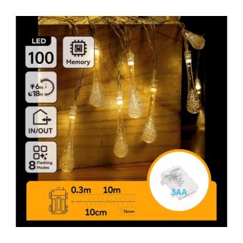 B.V. - LED kültéri karácsonyi fényfüzér 100xLED/8 funkció 3xAA 10m IP44 meleg fehér cseppek B10303K59 kép