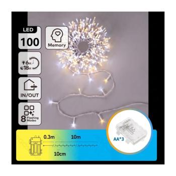 B.V. - LED kültéri karácsonyi fényfüzér 100xLED/8 világítási mód 3xAA 10,3m IP44 meleg/hideg B10303K2B kép