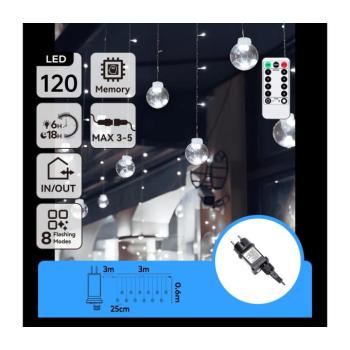 B.V. - LED kültéri karácsonyi fényfüzér 120xLED/6W/230V/8 funkciós 3x0,6m IP44 hideg fehér+távirányítóval B10303S72 kép