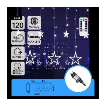 B.V. - LED kültéri karácsonyi fényfüzér 120xLED/6W/230V/8 üzemmód 3x0,6m IP44 hideg fehér+távirányító B10303S75 kép