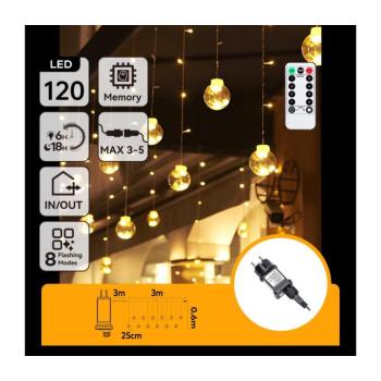 B.V. - LED kültéri karácsonyi fényfüzér 120xLED/6W/230V/8 üzemmód 3x0,6m IP44 meleg fehér + távirányító B10303S71 kép