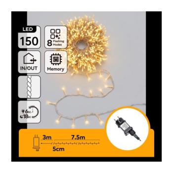B.V. - LED kültéri karácsonyi fényfüzér 150 db LED/8 világítási mód 10,3m IP44 meleg fehér B10303ABMD kép