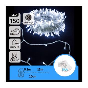 B.V. - LED kültéri karácsonyi fényfüzér 150xLED/8 funkció 15,3m IP44 hideg fehér B10303K1W kép