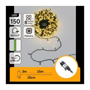 B.V. - LED kültéri karácsonyi fényfüzér 150xLED/8 üzemmód 18m IP44 meleg fehér B10303ABNO kép