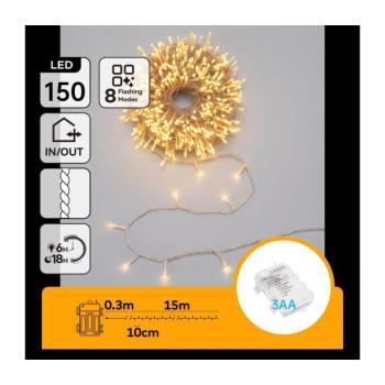 B.V. - LED kültéri karácsonyi fényfüzér 150xLED/8 üzemmód 3xAA 15,3m IP44 meleg fehér B10303AFXX kép