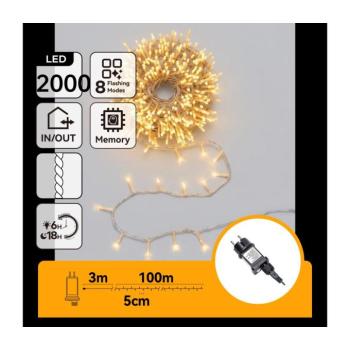 B.V. - LED kültéri karácsonyi fényfüzér, 2000 LED, 8 funkciós, 103 m, IP44, meleg fehér B10303AFQY kép