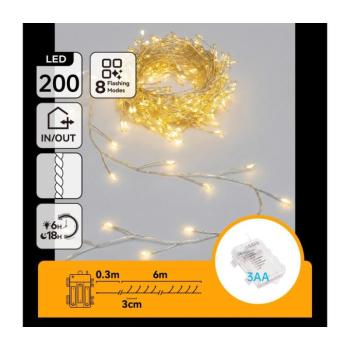 B.V. - LED kültéri karácsonyi fényfüzér 200xLED/8 funkció 3xAA 6,3m IP44 meleg fehér B103033WN kép