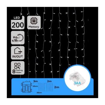 B.V. -LED Kültéri karácsonyi fényfüzér 200xLED/8 funkciós 3xAA 5x2m IP44 hideg fehér B10303K3I kép