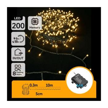 B.V. -LED Kültéri karácsonyi fényfüzér 200xLED/8 üzemmód 3xAA 10,3m IP44 meleg fehér B10303K2K kép